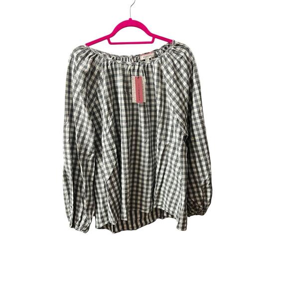 ANDREE by UNIT Womens Top 2X Plus Size Black White Buffalo Plaid Peasant - Picture 1 of 6